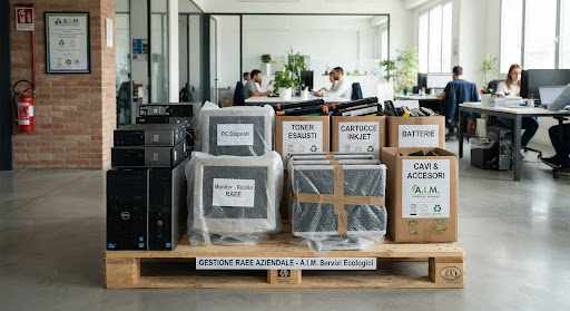 Pallet in un ufficio moderno con computer dismessi, monitor impilati con pluriball, scatole per toner e cartucce esauste ordinate per il riciclo RAEE tecnologico aziendale.
